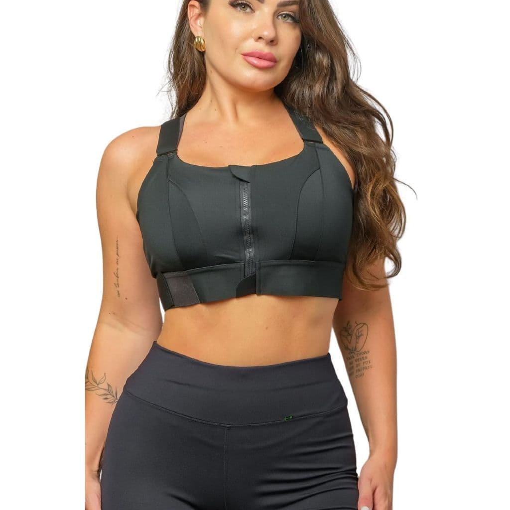 Top Esportivo Alta Sustentação Ajustavel Ziper Frontal Academia Fitness Jump Corrida