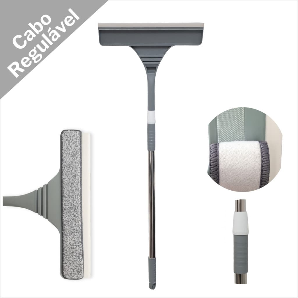 Mop De Vidro 2 Em 1 Com Rodo E Pano Microfibra Cabo Inox Ajustavel Para Limpeza Facil