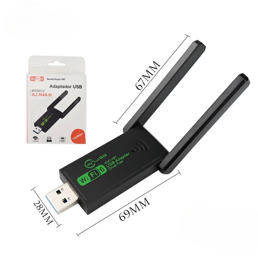 Adaptador USB Wi-Fi 6 Dual Band — 1300 Mbps, 2.4 GHz e 5 GHz, Conexão USB 3.0, Antenas de Alto Ganho alex