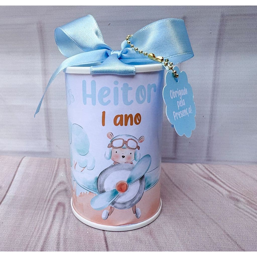 Cofrinho Personalizado Ursinho aviador - o tempo voa  Lembrancinha Festa Infantil Aniversário
