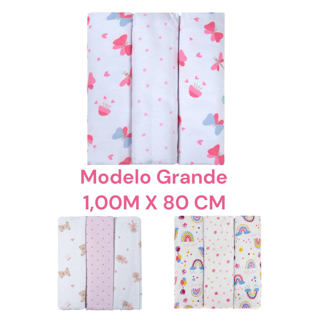 Kit 3 Cueiros Grande 1,00 M X 0,80M Bebê Estampado 100% Algodão Bublim Feminino