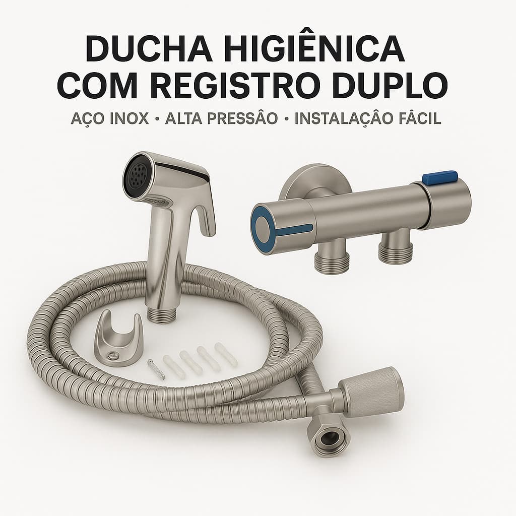 Chuveirinho Higiênico em Aço Inoxidável com Registro – Dupla Saída para Bidê e Torneira