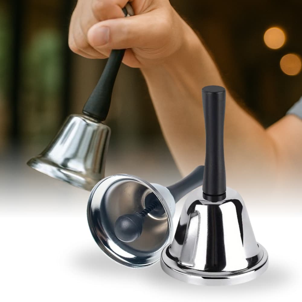 Sino De Mão Metal Campainha Recepção Chama Atenção Idoso Hotel Restaurante Escola. Prateado