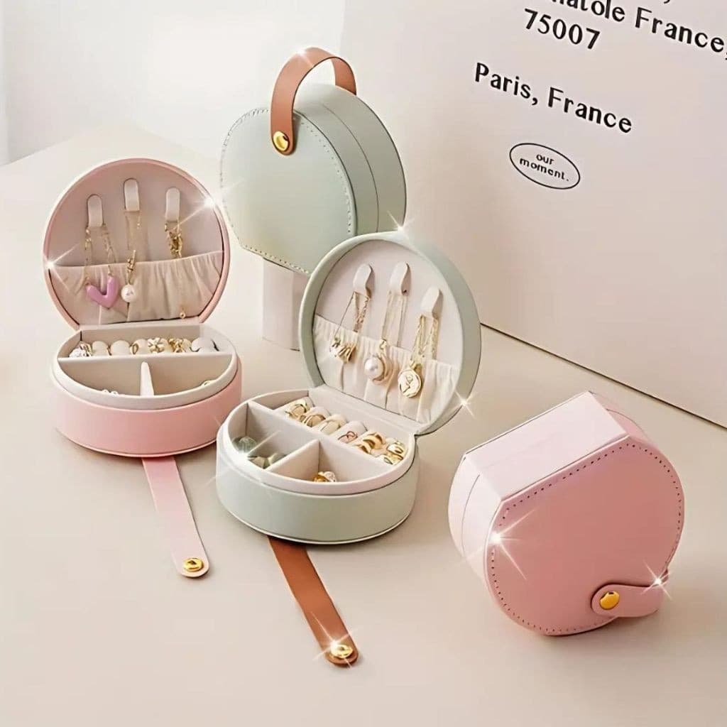 Mini Porta Joia Portátil Compacto Redondo Pequeno com Alça