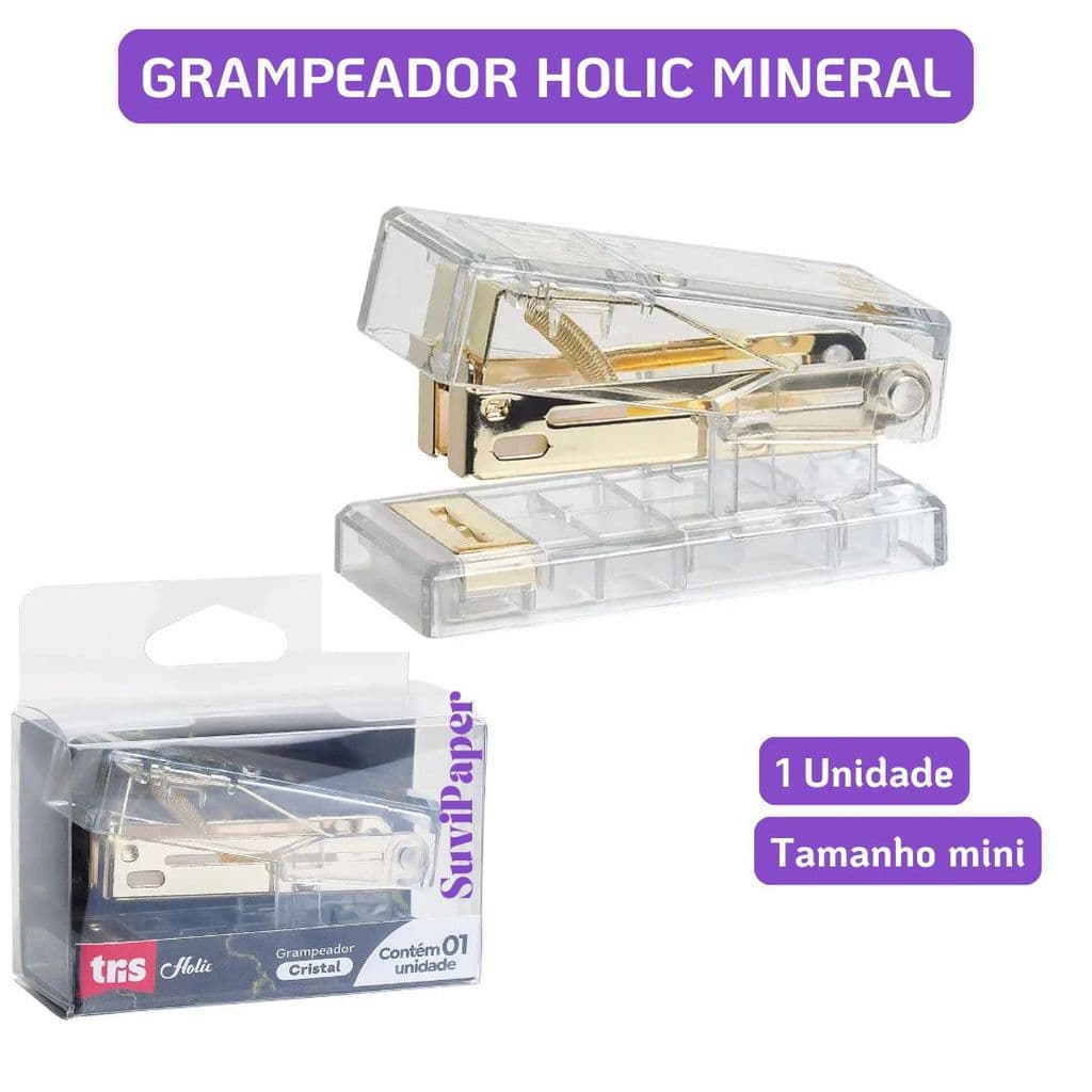 Grampeador Mini Cristal Tris Holic Mineral 26/6 Até 20 Folhas Elegância Transparente
