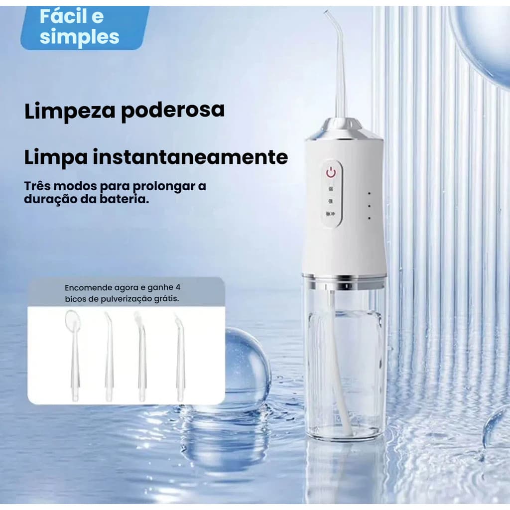Irrigador Dental Portátil Recarregável 220ml com 4 Bicos – Limpeza Profunda, Potente e Silenciosa para Higiene Bucal