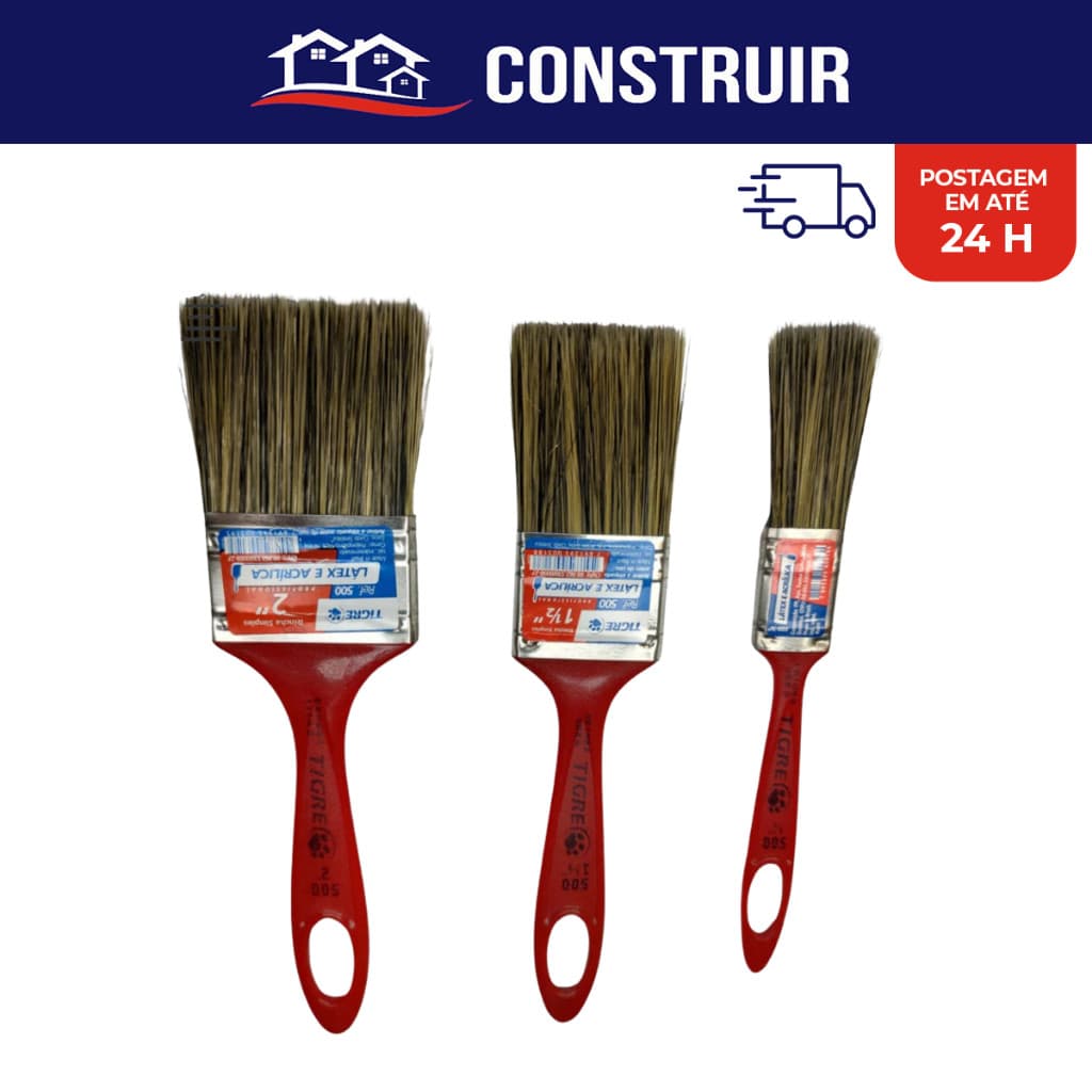 Pincel Trincha Tigre 500 Kit 03 Unidades 3/4". 1/1/2"  2". Pintura Parede Teto Ferro Madeira Metais