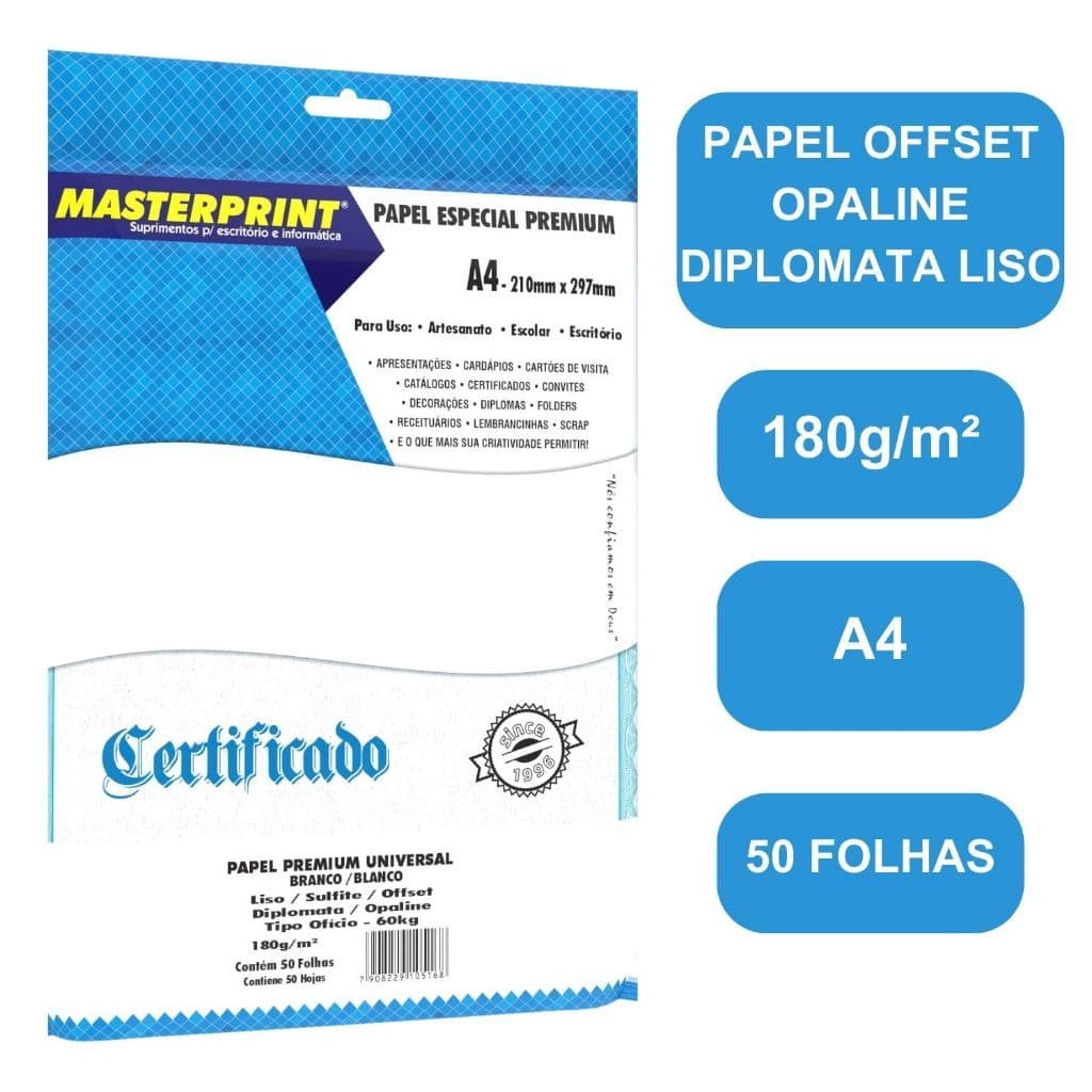 Papel Cartão  A4 Sulfite Offset Opaline Liso Diplomata 180g  Masterprint Promoção
