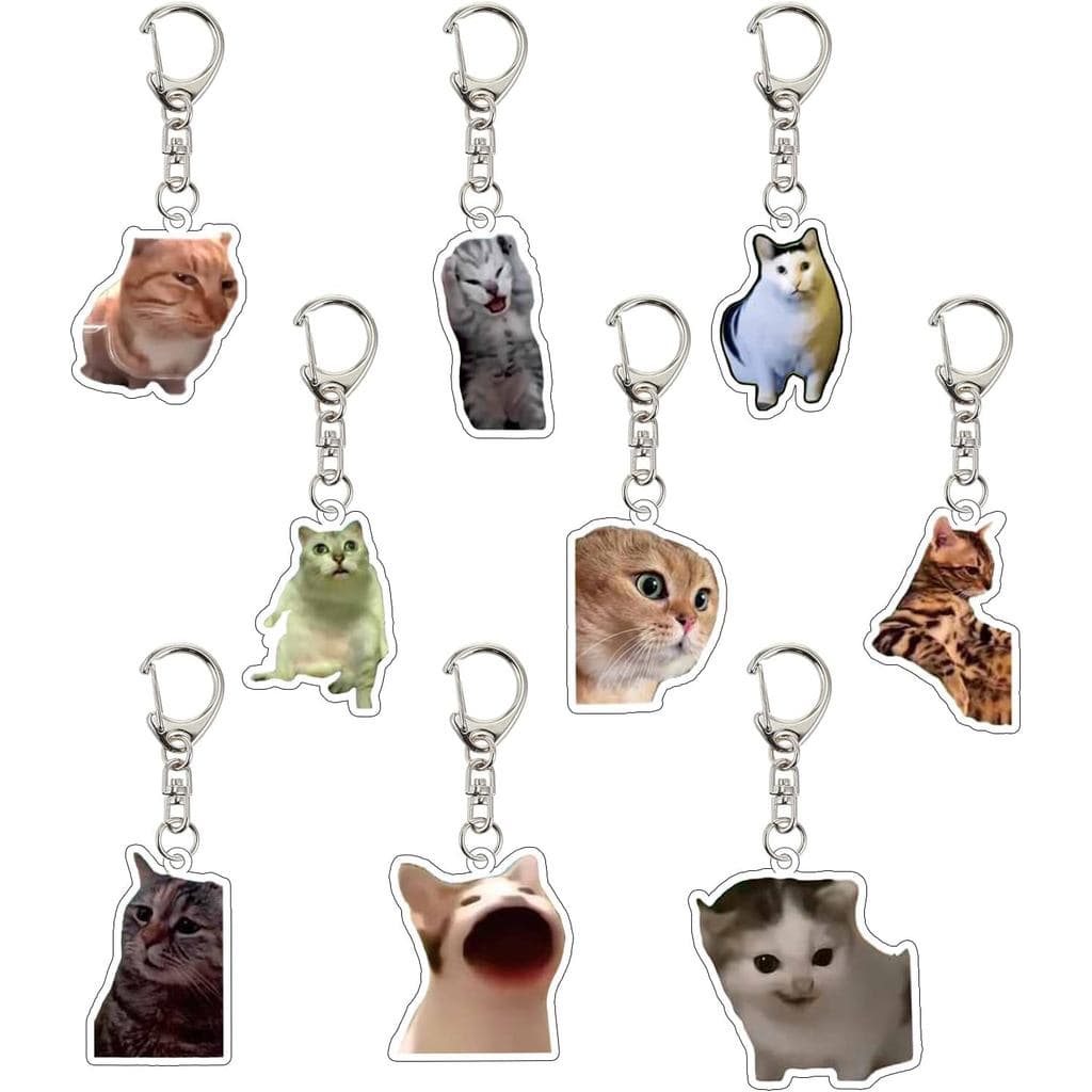 Adorável 9 Pçs Engraçado Gato Meme Chaveiro Bonito Saco Encantos Para Mulheres Bolsa Chaves Do Carro Acessórios Festa Fa