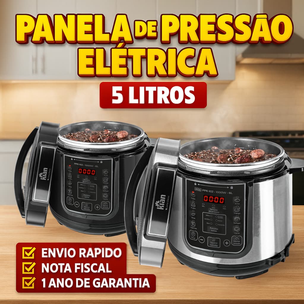Panela De Pressão Eletrica Digital 5L 900W Para Cozimento Aço Inox Resistente  - Kian 127v ou 220v