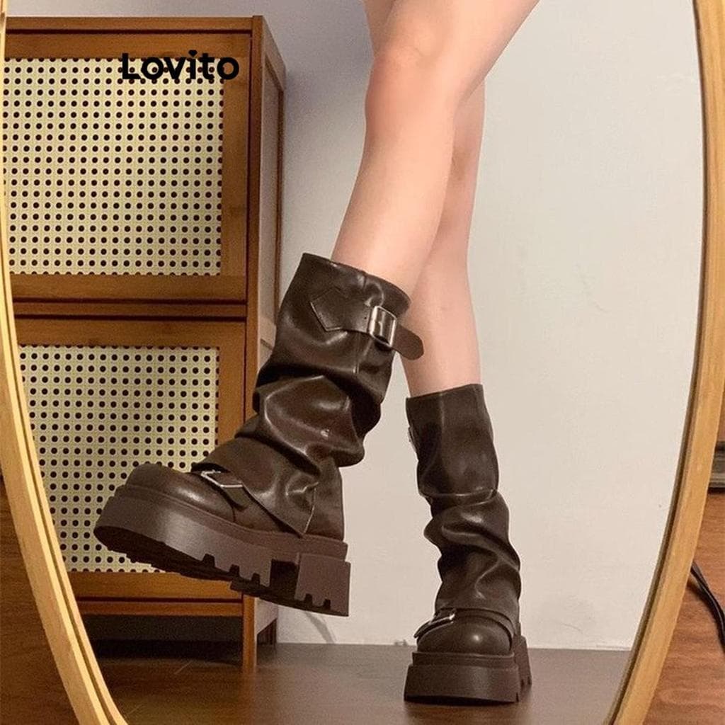 Lovito Vintage Plain Brown Maillard Retro Martin Botas Sola Grossa Elevação Versátil Moda Bota para Mulheres LFA56412