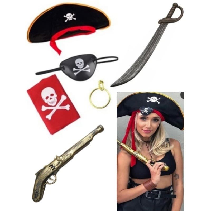 Kit Pirata Chapéu + Tapa Olho + Bandada + Argola + Garrucha + Espada Fantasia do Caribe Festa Carnaval Halloween