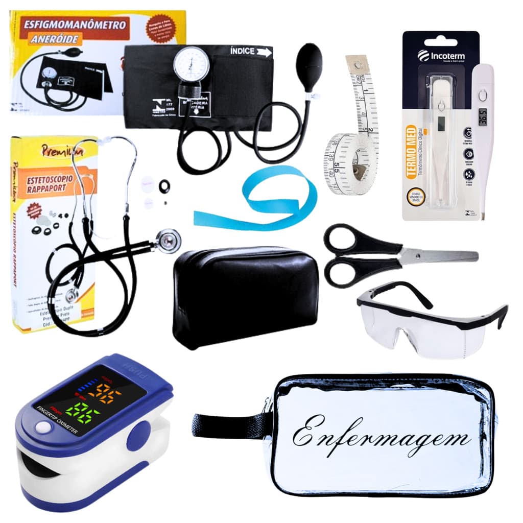 Kit Enfermagem Aparelho de Pressão + Estetoscópio Completo + Oximetro + Nécessaire