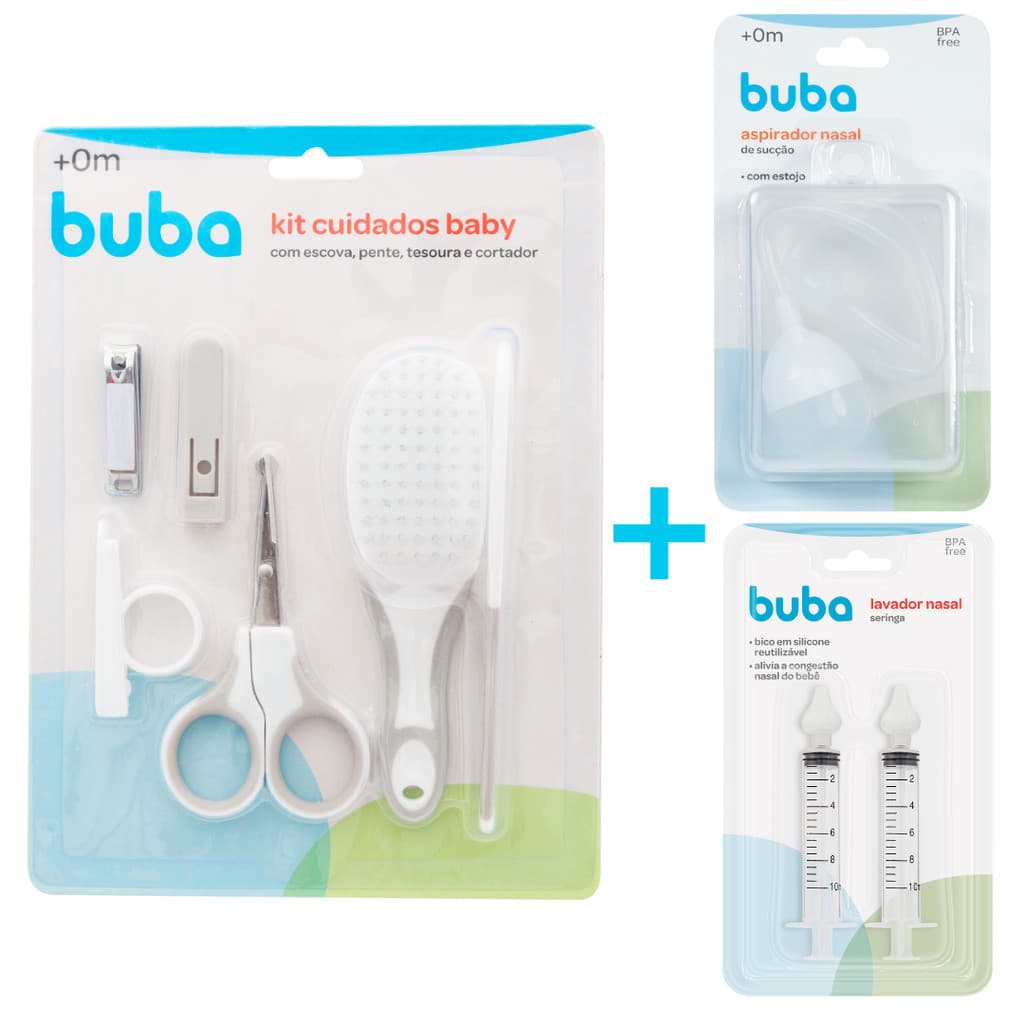 Kit Cuidados do Bebê Premium Buba Com Aspirador Nasal 2 Seringas e Kit Hiegiene Completo Com Escova
