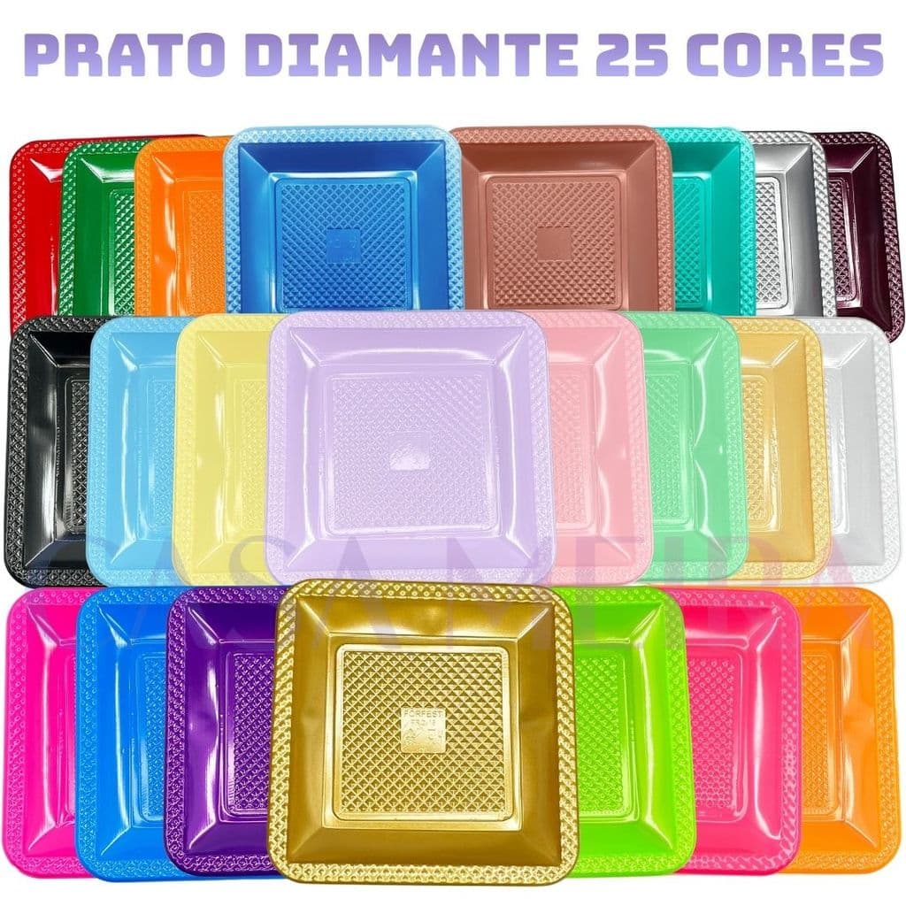Kit Prato Quadrado Diamante Luxo Premium Descartável Aniversário Festa Pratinho Sobremesa Bolo Perolado Candy Pastel