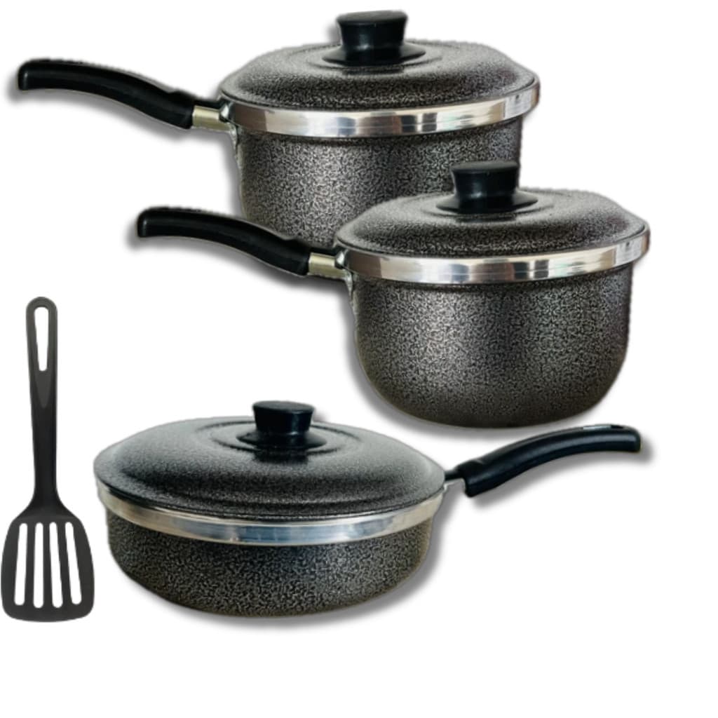 Kit Panelas 3 Peças Caçarolas Com Cabo  Alumínio CRAQUEADO Com Frigideira N.18,1 Espátula