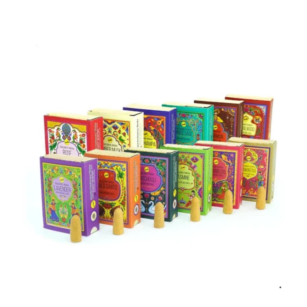 Incenso Cone Backflow Golden India Unitário Fragrâncias Nag Champa Full