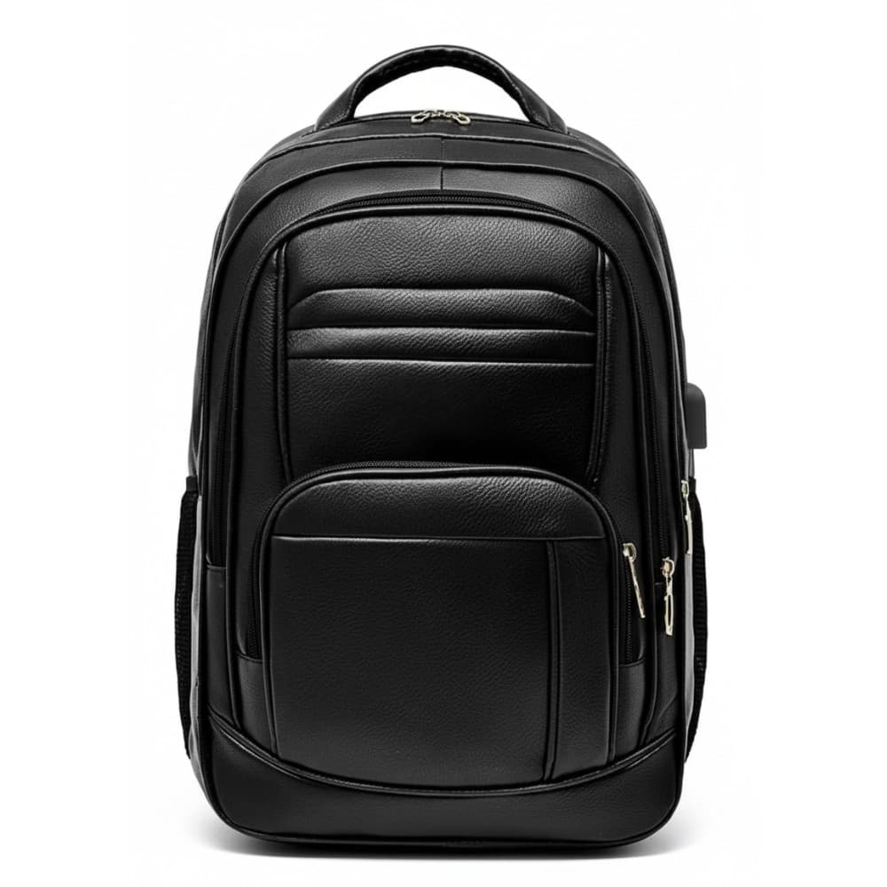 Mochila de Couro Média Preta Resistente com Entrada USB e Compartimento para Notebook Escolar