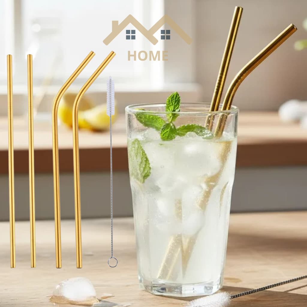 Kit 4 Canudos de Inox 21,5cm Dourado Reutilizáveis + Escovinha de Limpeza