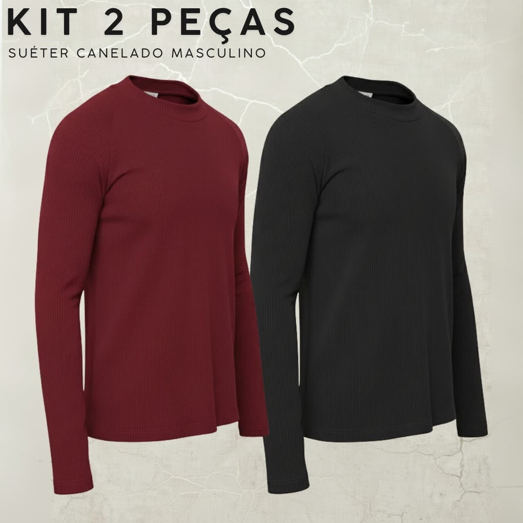 Kit 2 Sueter Masculino Canelado Básico Malha Inverno Leve Frio