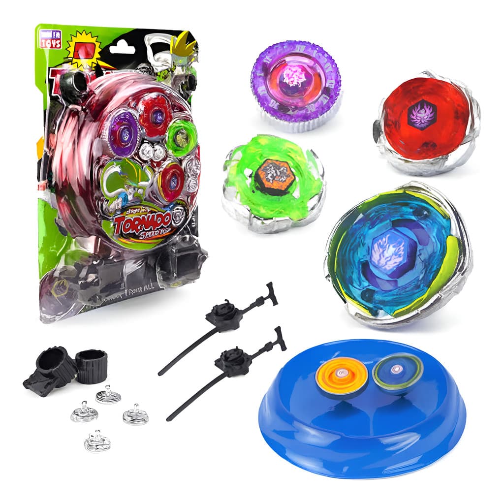 Kit Beyblade com 4 Piões + Arena de Batalha + 2 Lançadores Tornado com LED