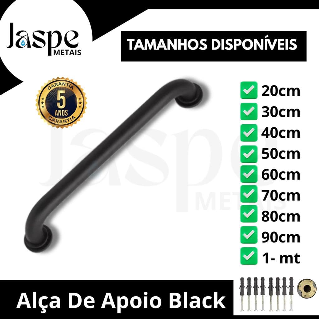 Alça de Apoio Corrimão Banheiro Alumínio Preto Fosco 20cm a 1m Idosos PCD Segurança