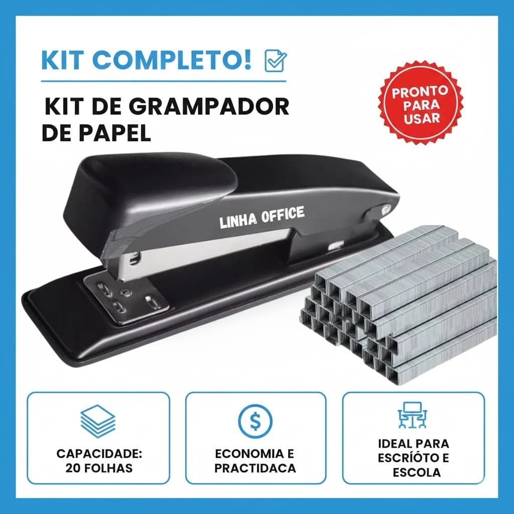 Grampeador De Papel Médio 26/6 + 1000 Grampos Galvanizados