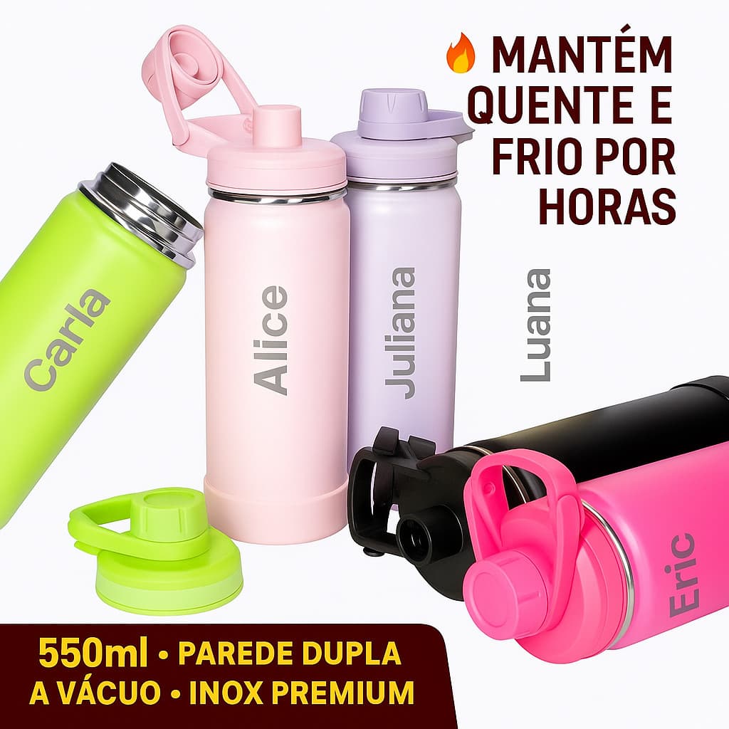 Garrafa Personalizada Térmica Inox 550ml | Parede Dupla | Tampa com Alça e Protetor Silicone |