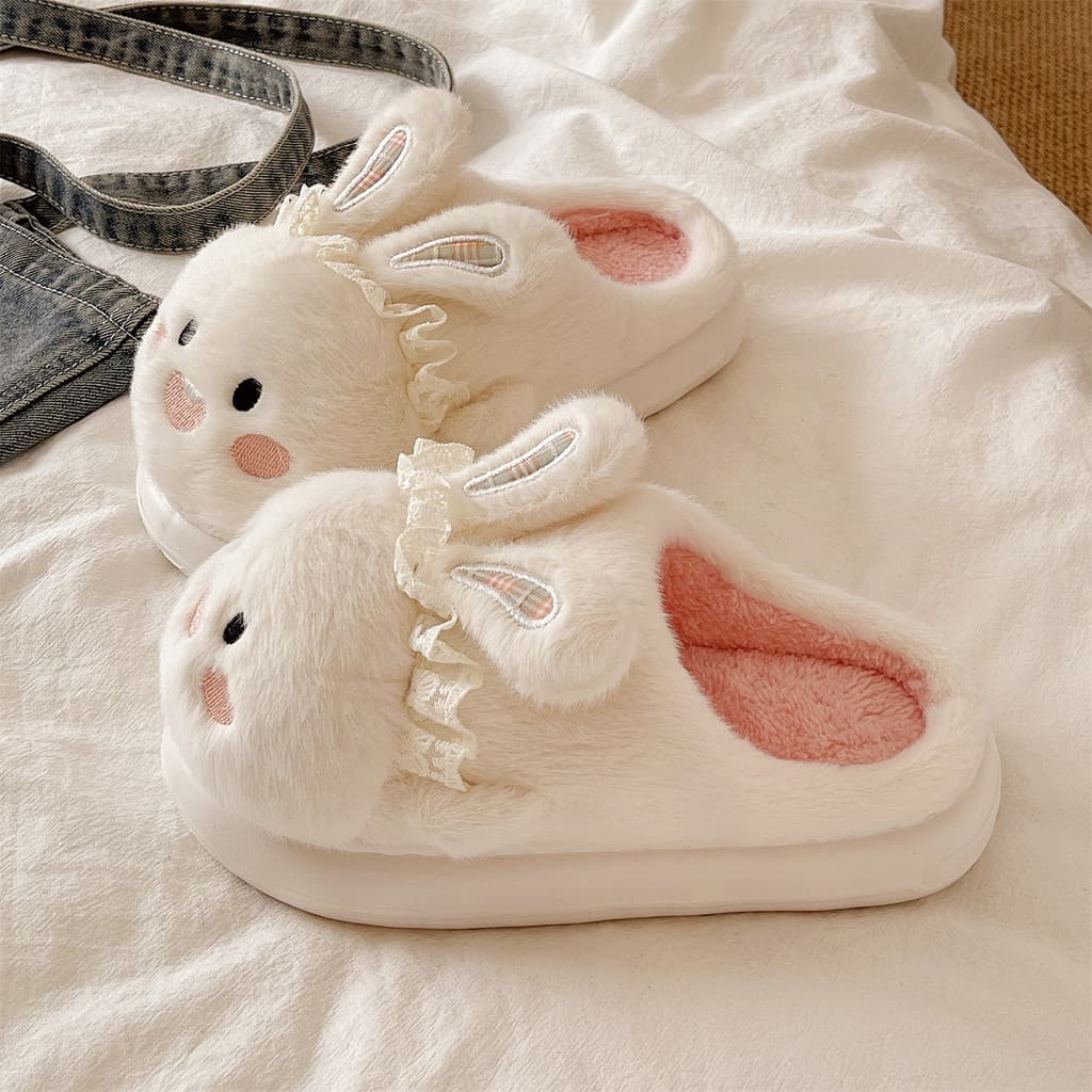 Bonito coelho chinelos de algodão feminino inverno interior casa menina coração confinamento pelúcia quente antiderrapan