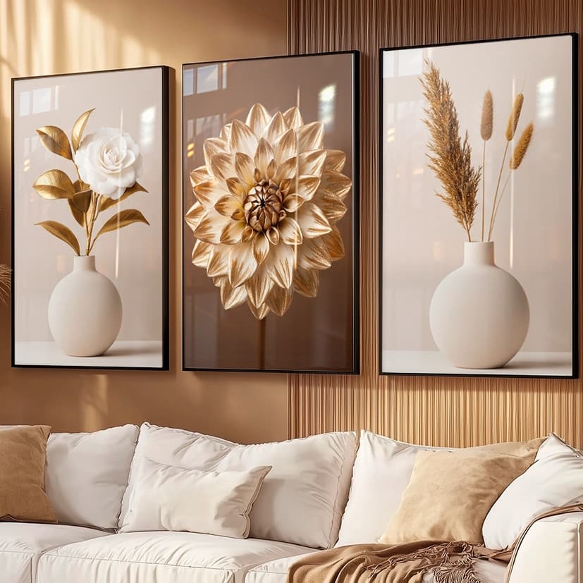 KIT 3 Quadros Decorativos Rosa Ouro Branco Floral Sala de Estar, Quarto, Decoração de Parede