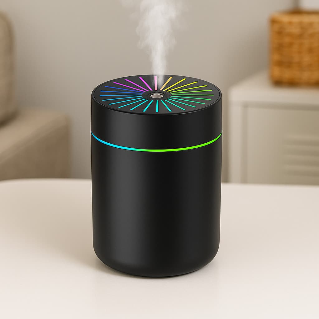 Umidificador Preto Portátil Circular LED Colorida USB  Aromatizador para Quarto, Escritório e Mesa