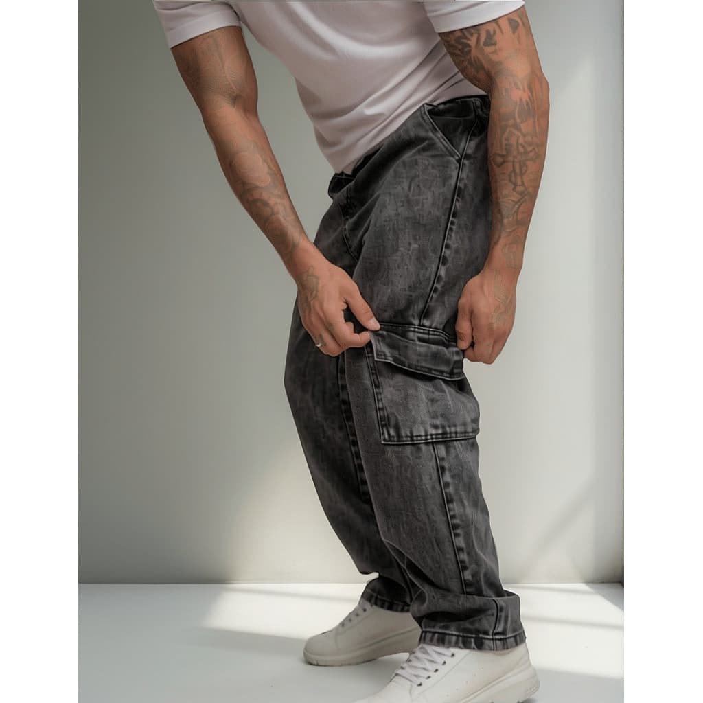Calça Cargo Masculina Jeans Streetwear Larga Estilosa C/cos