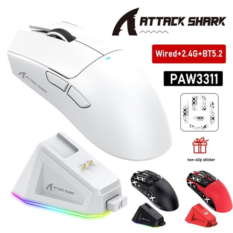 Ataque SHARK X11 PAW3311 Mouse Sem Fio Tri-Mode 2.4 Ghz/Com/Bluetooth Touch Base De Carregamento Magnética Para Jogos Ul