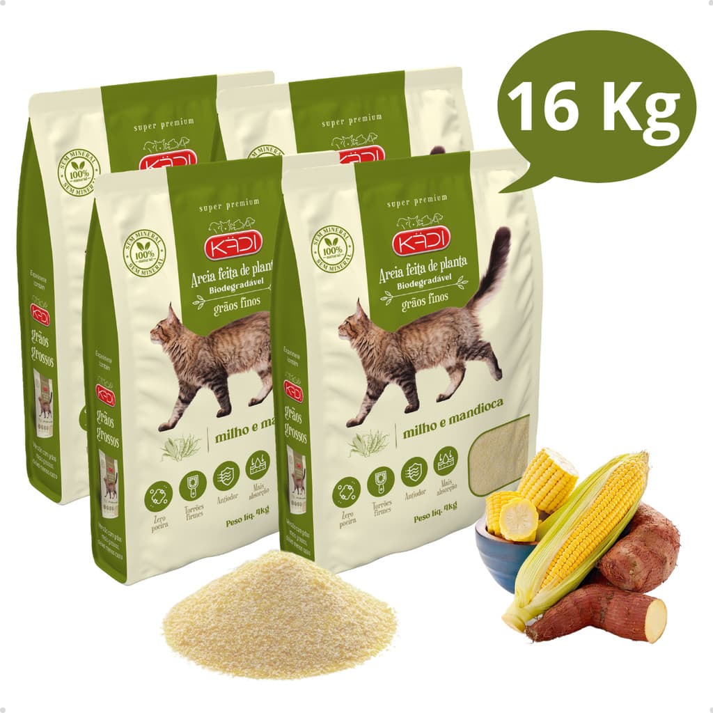 Kit 4 Areia Higiênica Natural Biodegradável de Grãos Finos de Milho e Mandioca para Gatos Kadi 16 kg