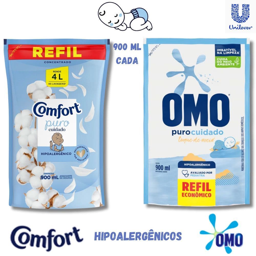 Kit Lava Roupas Omo e Amaciante Comfort Puro Cuidado Roupas Finas de Bebês 900ml Cada