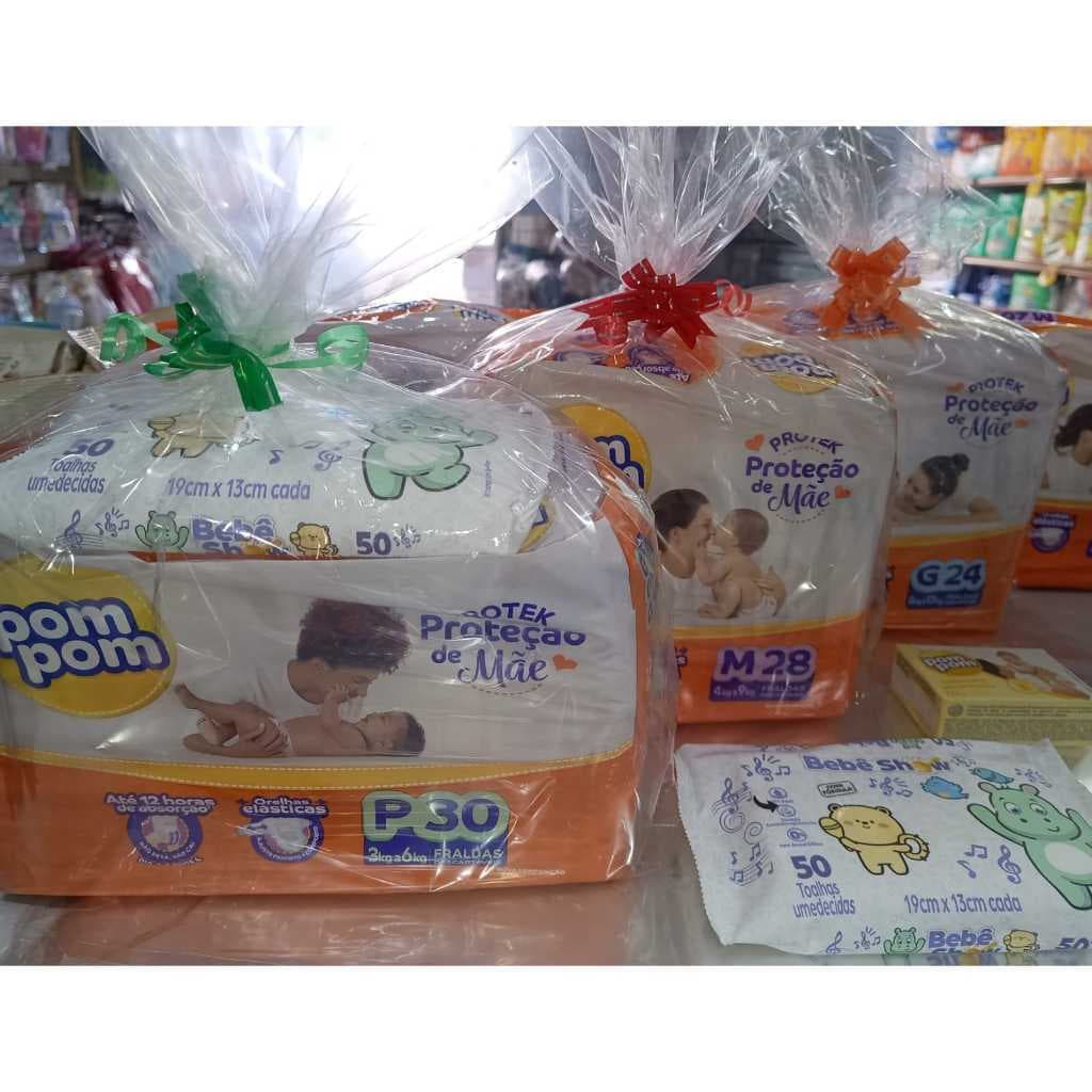 Kit  ( Pom Pom ) Chá de Bebe . Fralda + Toalha umidecida + Sabonete 70gr