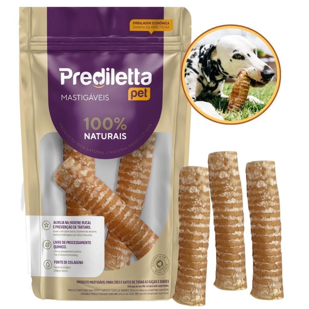 Mordedor Natural para Cachorro Traqueia Bovina Grande 3 unidades - Prediletta Pet