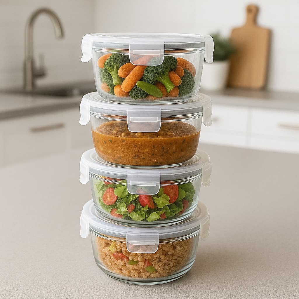 Kit 5 ou 10 Potes Herméticos Vidro 380ml OU 600ml  – Potes Redondos com Travas Premium para Marmita