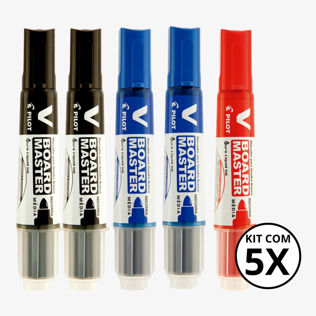 Kit Com 05 Marcadores Para Quadro Branco V Board Master - PILOT KIT:PT+PT+AZ+AZ+VM