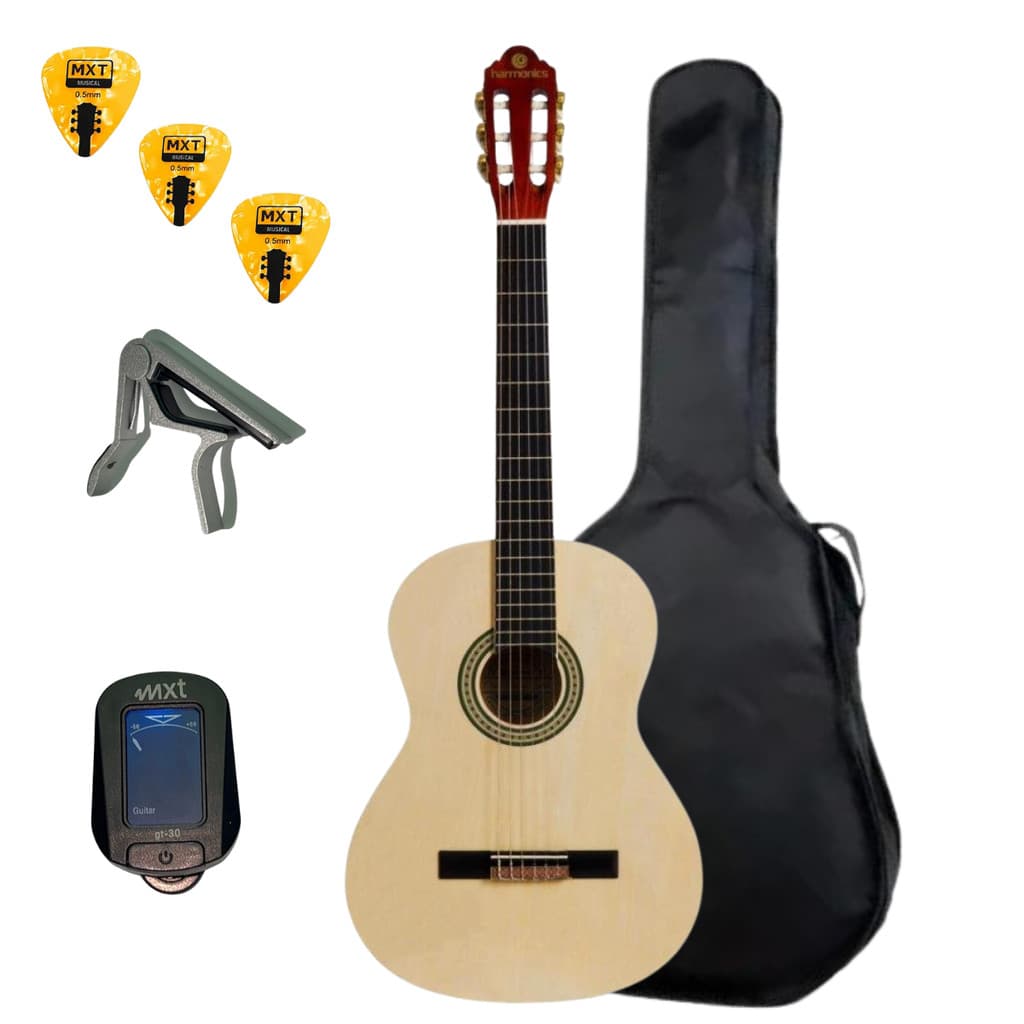 KIT VIOLÃO INICIANTE HARMONICS GNA-111 NYLON CLÁSSICO C/BAG + AFINADOR CAPOTRASTE