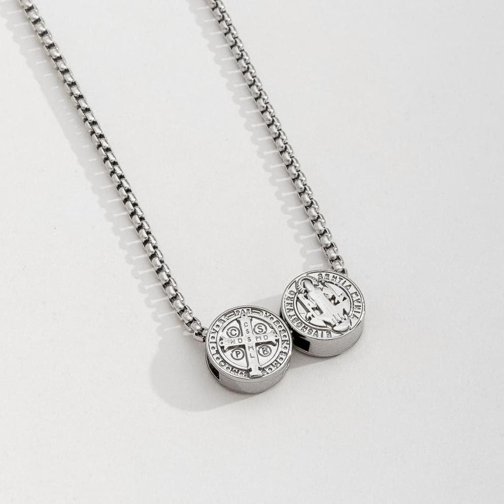 Colar Masculino Corrente Veneziana Escapulário São Bento Prata em Aço Inoxidável