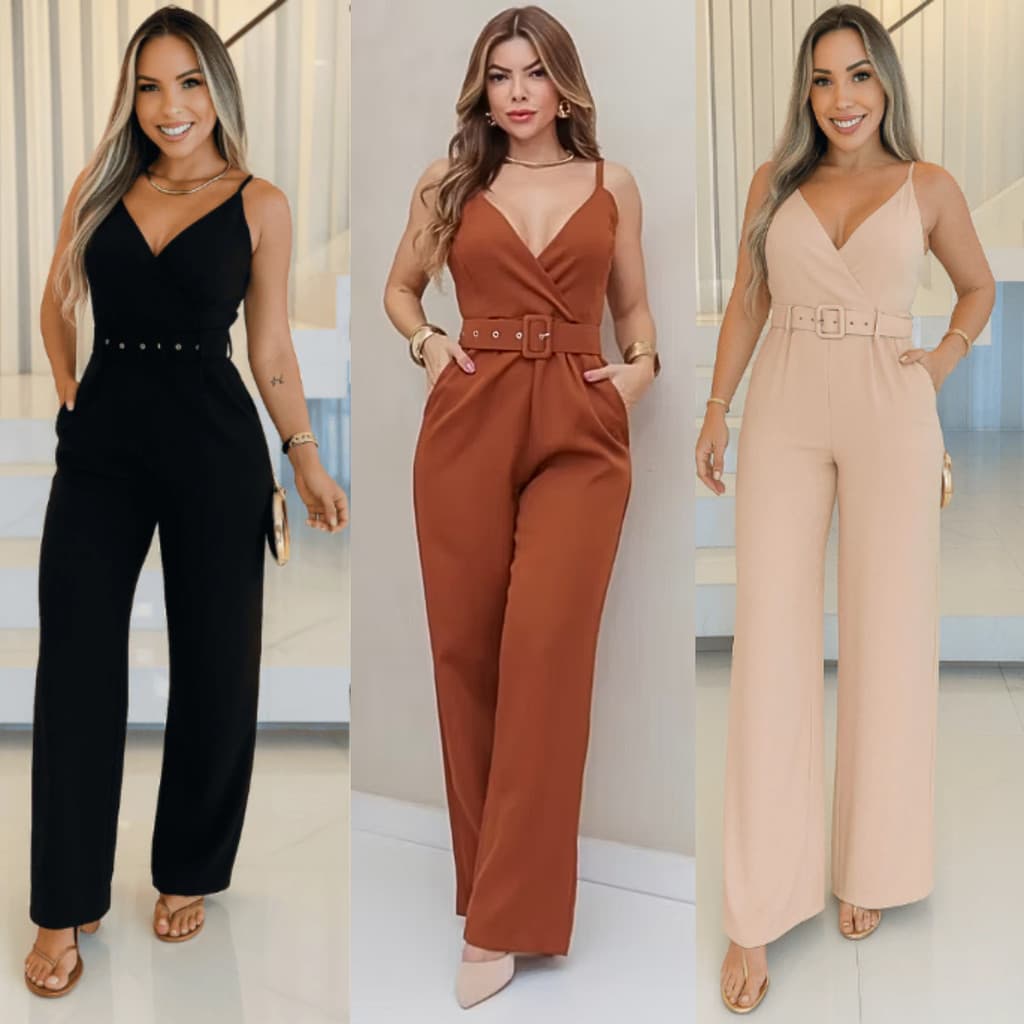 Macacão Feminino Longo Alfaiataria Pantalona Premium Social Alça Fina com Bojo Sem Cinto Verão Moda Mulher Verão