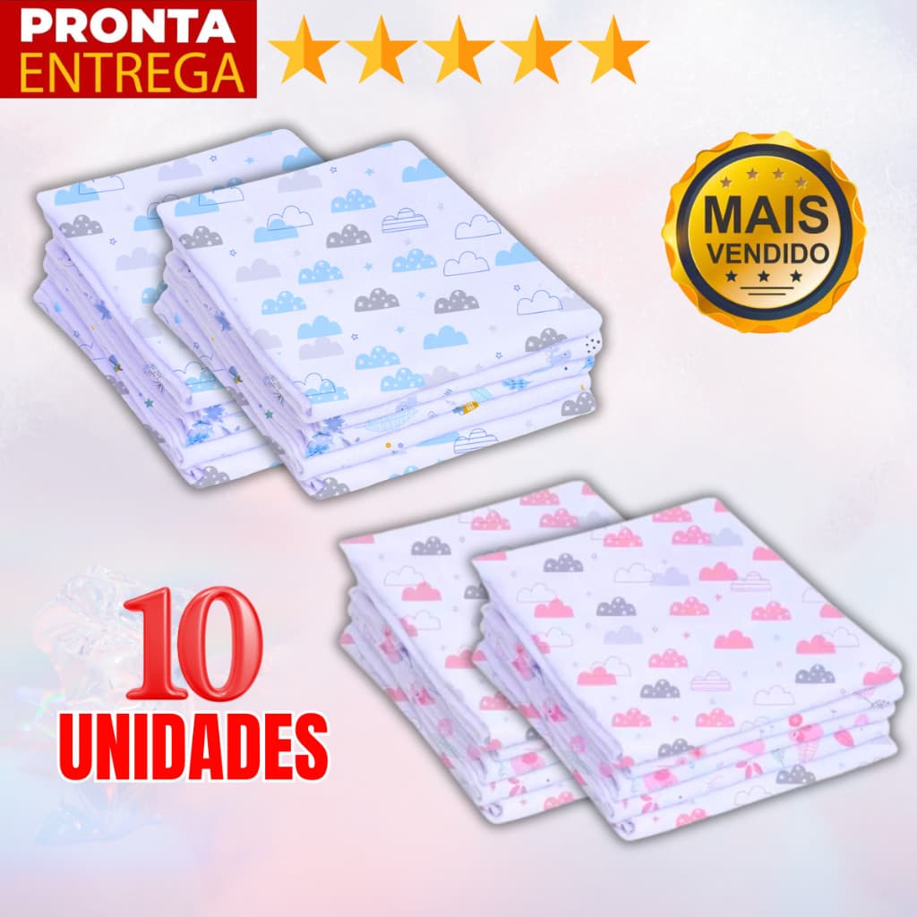 Kit 10 Unidades Fralda De Pano Estampada 60 x 60 Enxoval Infantil Bebê Menino Menina.