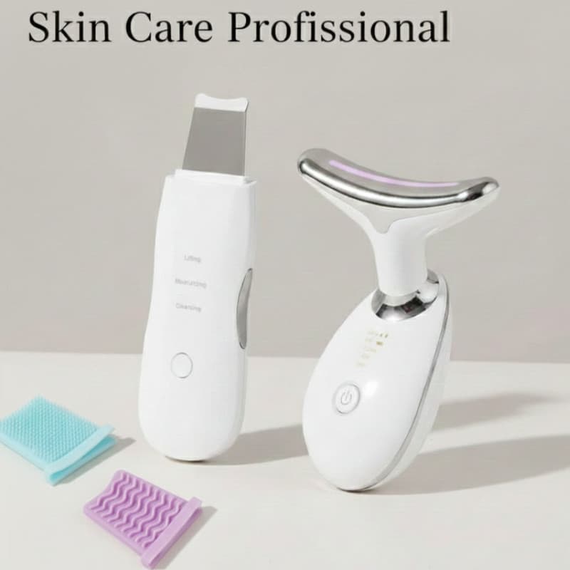 Kit Skin Care Profissional Espátula Ultrassônica Remove Cravos + Massageador Facial Lift LED