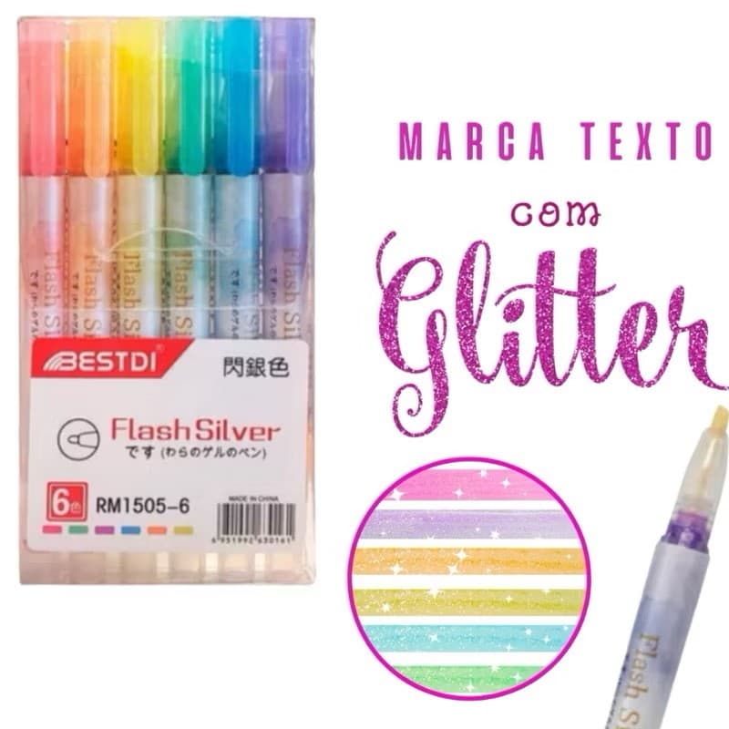 C/6 Marca texto de Glitter Flash silva Pronto a Entrega Material escolar adorável cor sinal brilhos