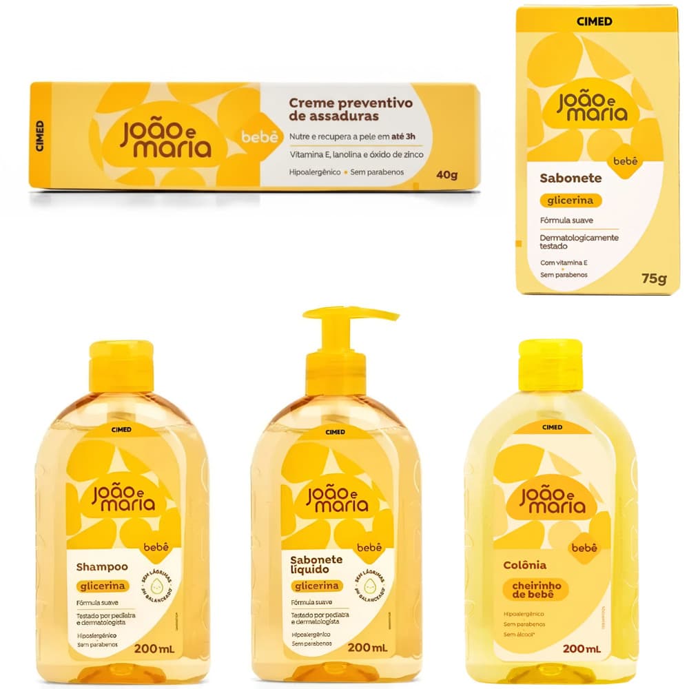 KIT 5 ITENS JOÃO E MARIA SHAMPOO 200ML, SAB. LIQ. 200ML, SAB. EM BARRA GLIC, COLÔNIA E POMADA