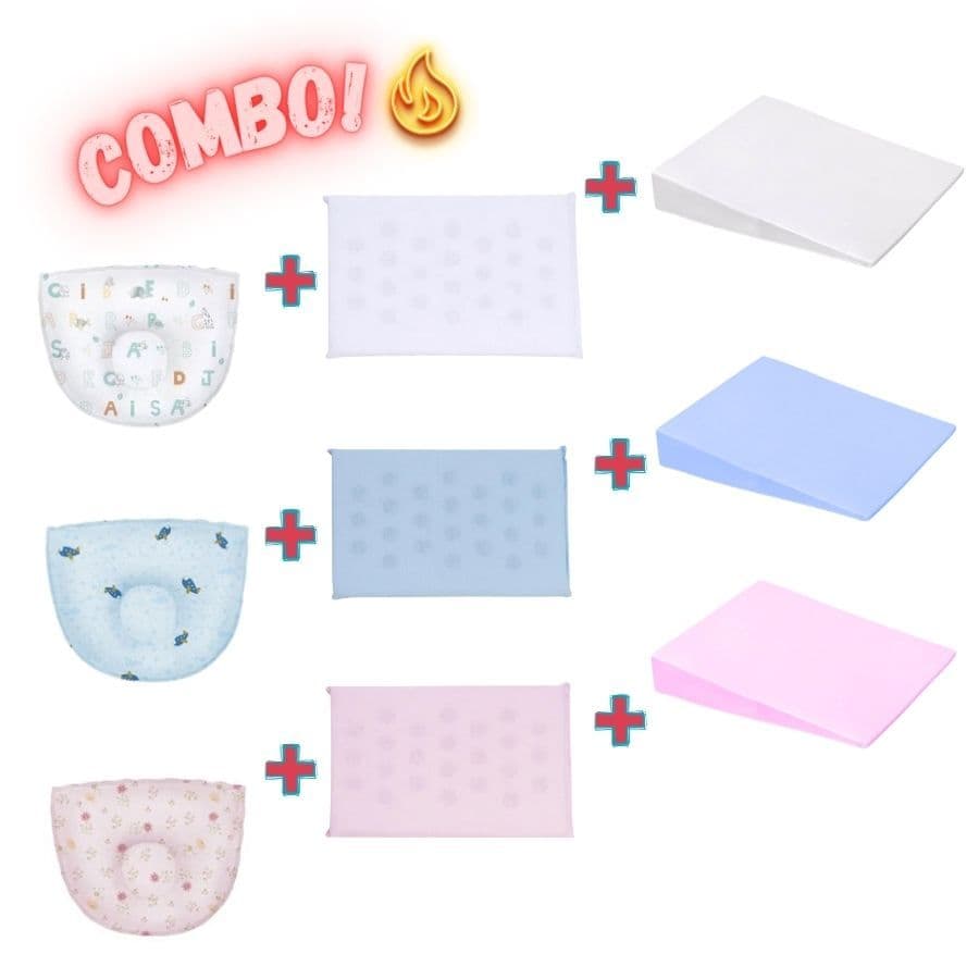 Kit Travesseiro Antirrefluxo Bebê p/ Carrinho + Anti Sufocamento (com furos) + Anatômico