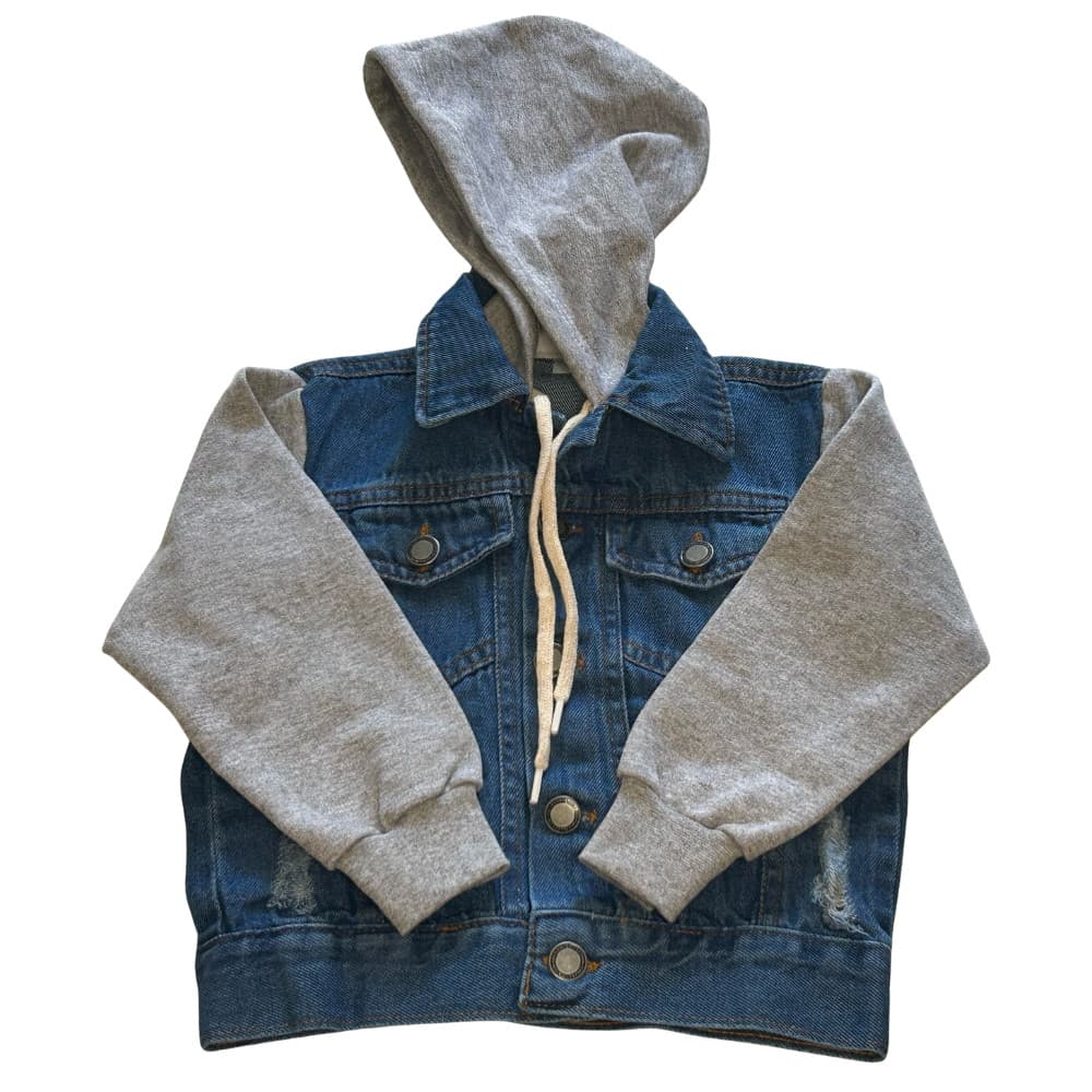 Jaqueta Jeans Infantil com Touca e Manga de Moletom 02 ao 10 Punho e Ajuste de Cordão