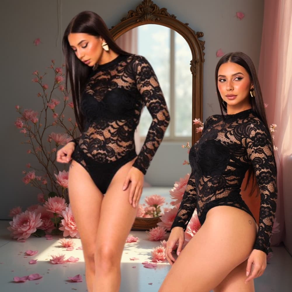 Body Femenino Renda Manga Longa Bory Luxo
