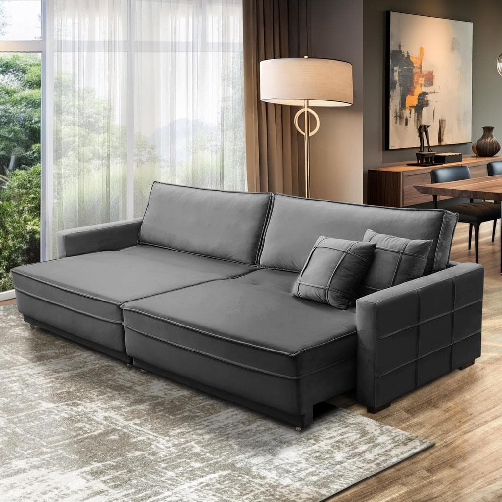 Sofá Cama Retrátil e Reclinável 2,10m com Molas Karen Veludo Adonai Estofados